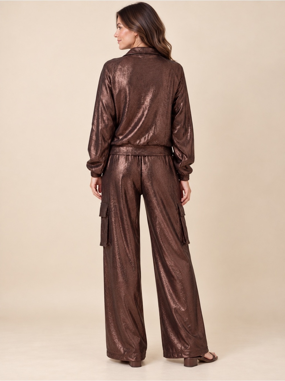 Metallic Bronze Brown Full-Zip Collared Jacket - Picture 8 of 8